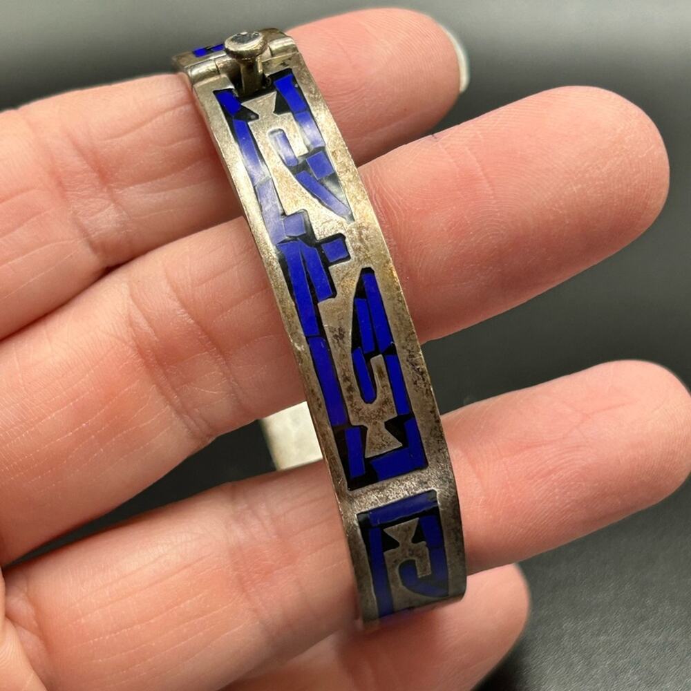 Taxco 925 Sterling Silver inlay hinged bangle bracelet #437 Stunning! - Picture 5 of 12